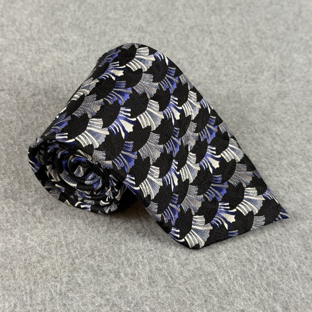 J. Garcia Silk Tie Black Blue Art Deco Fan Print Vintage Necktie 56x3.75"